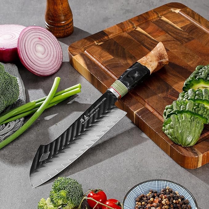 SHANGDAO Damascus Santoku Knife 7.5 Inch, 67 Layers Alloy Steel, With Professional Hand Forged Resin & Wood Handle QILIN Series