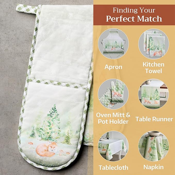 Maison d' Hermine Double Oven Mitts 100% Cotton 7"x35" Double Oven Mitt Heat Resistant BBQ Cooking Gloves with Loop, Baking, Grilling, Home, Kitchen, Handling Hot Pans (Winter Mornings)