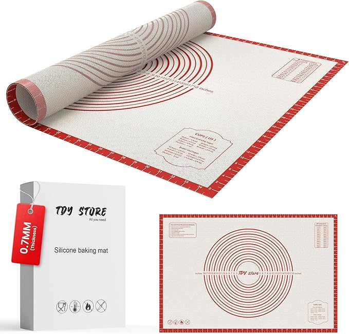 28 * 20 inches Red, Non-Slip Silicone Baking Sheets - Baking Mat with 0.7mm Thickness - Non-Stick Pastry & Cookie Mat for Kitchen Counter for Rolling Out Dough with Measurements.