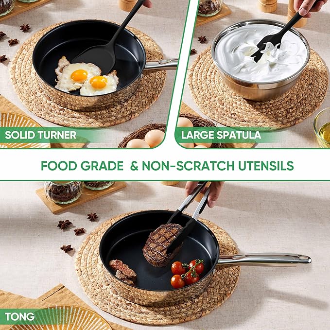 Herogo Silicone Cooking Utensils Set, 7-Piece Kitchen Utensils Set, Heat Resistant Cooking Gadget Tools Slotted Turner, Spoon, Soup Ladle, Pasta Server, Spatula, Tongs for Nonstick Cookware, Black