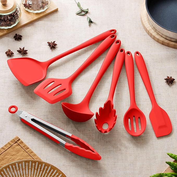 Herogo Silicone Cooking Utensils Set, 7-Piece Kitchen Utensils Set, Heat Resistant Cooking Gadget Tools Slotted Turner, Spoon, Soup Ladle, Pasta Server, Spatula, Tongs for Nonstick Cookware, Red