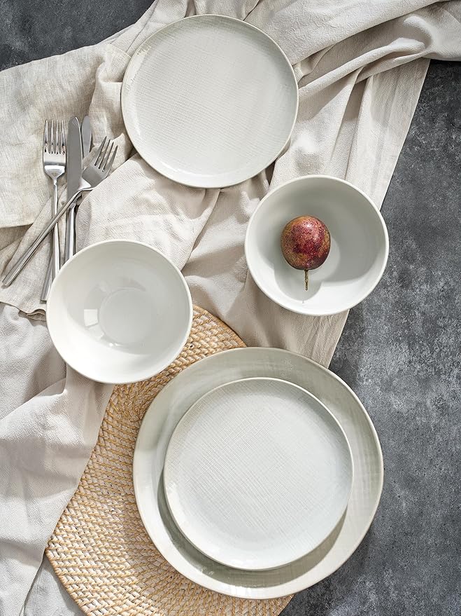 Famiware Moonlight Plates and Bowls Sets, 12 Pieces Stoneware Dinnerware Sets with Linen Finish, Handmade Dishware Set for 4, Microwave and Dishwasher Safe, Chip and Scratch Resistant, White