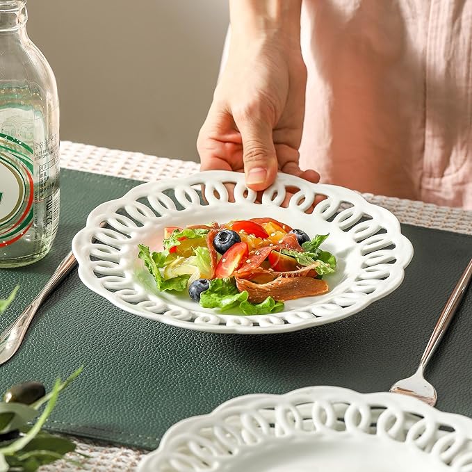 fMBB Round Appetizer Plate with Scalloped Edge Lace Rim, Set of 4, White 8 inch Ceramic Dessert Plates, Small for Cake Snack Side Dish, Microwave and Dishwasher Safe