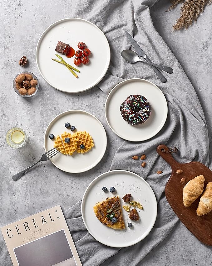 famiware Star Dinner Plates for 6, 10 inches Plate Set, Scratch Resistant, Stoneware Dinnerware, Kitchen Modern Rustic Serving Dishes, Matte White