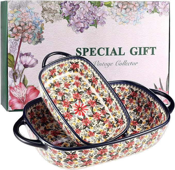 Ceramic Baking Dish Set of 2 – Decorative Polish Pottery Style Casserole Dishes with Handles, Cute Oven-Safe Lasagna Bakeware Gift Set