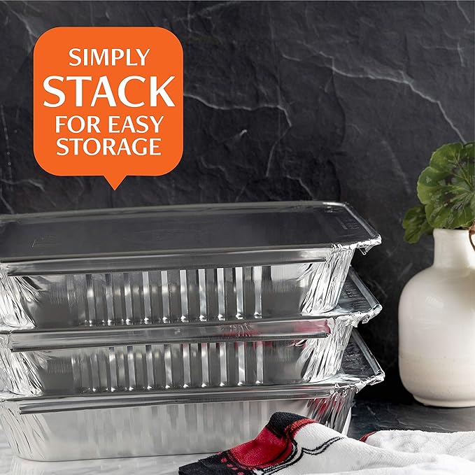 PLASTICPRO Disposable 9 x 13 Aluminum Foil Pans With Lids Half Size Deep Steam Table Bakeware - Cookware Perfect for Baking Cakes, Bread, Meatloaf, Lasagna Pack of 50 Pans & 50 Lids