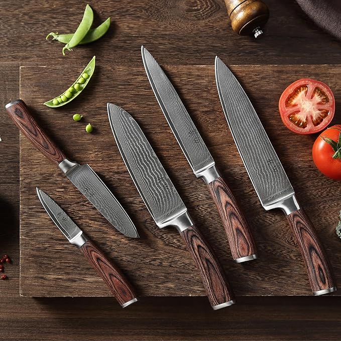 Wakoli EDIB 5-Piece Damascus Knife Set – Japanese Style Professional Kitchen Knives | Genuine Damascus Steel Blades with VG10 Core | Ergonomic Pakkawood Handles | Premium Chef Knife Set