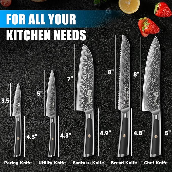 Sunnecko Damascus Kitchen Knife Set 5 Piece, Sharp Chef Knife Set Professional Kitchen Knives Sets Full Tang with Gift Box