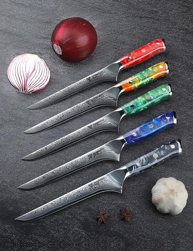 7 inch Fillet Knife, VG10 Damascus Steel Fish Boning Knife with Resin Handle - Xuan Series (Jade Green)