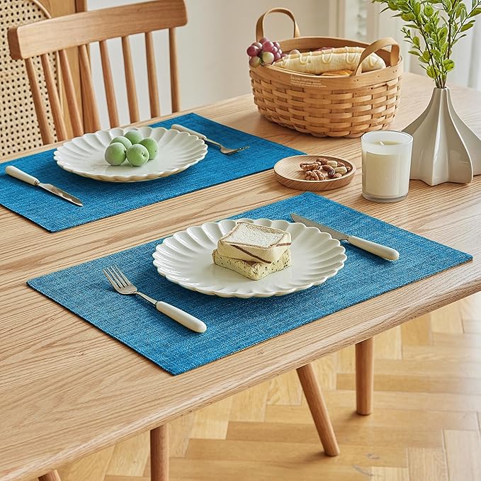 Softalker Faux Linen Placemats Set of 4-12 x 18 Inch, Heat Resistant Double Layered Durable Burlap Farmhouse Place Mats, Non-Slip Washable Rustic Table Mats for Dining, Kitchen, Party(Sky Blue