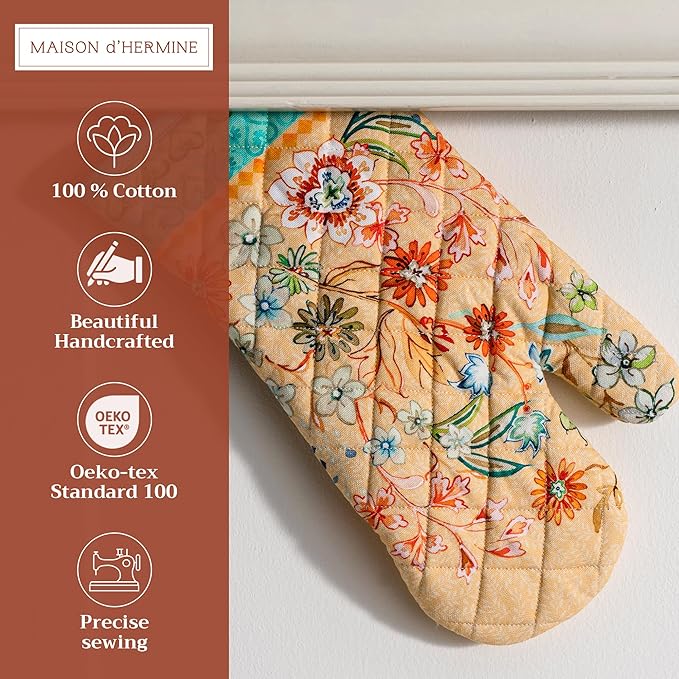 Maison d' Hermine Oven Gloves 100% Cotton Oven Mitt 7" x 13" with Loop Heat Resistant, BBQ, Cooking Gloves, Baking, Grilling, Kitchen, Handling Hot Pans Spring/Summer (Pack of 1, Luxury Loft – Peach)