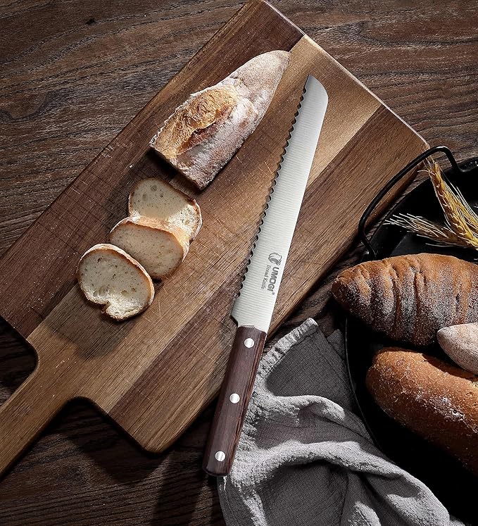 Bread Knife 8 Inch with Sheath - German High Carbon Stainless Steel, Ergonomic Grip Full Tang Wood Handle - Serrated Edge Home Kitchen Knife for Bread Tomatoes & Cake