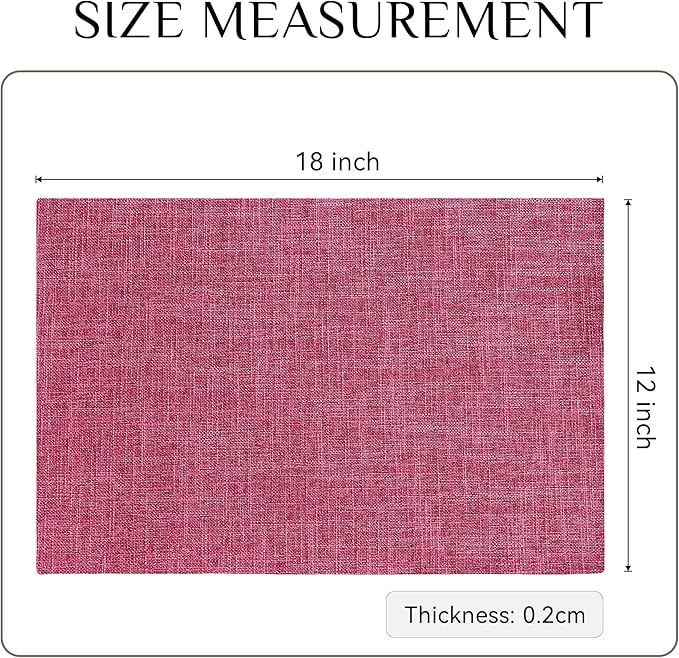 Softalker Faux Linen Placemats Set of 12-12 x 18 Inch, Heat Resistant Double Layered Durable Burlap Farmhouse Place Mats, Non-Slip Washable Rustic Table Mats for Dining, Kitchen, Party(Pink