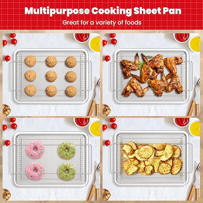 Air Fryer Basket for Oven,Ease Of Cleaning,Air Fryer Basket and Stainless Steel Baking Tray Pant Oven with 50 Sheets Parchment Papers,Air Fryer Pan Rack for Cooking Baking Dishwasher (1 Set L)