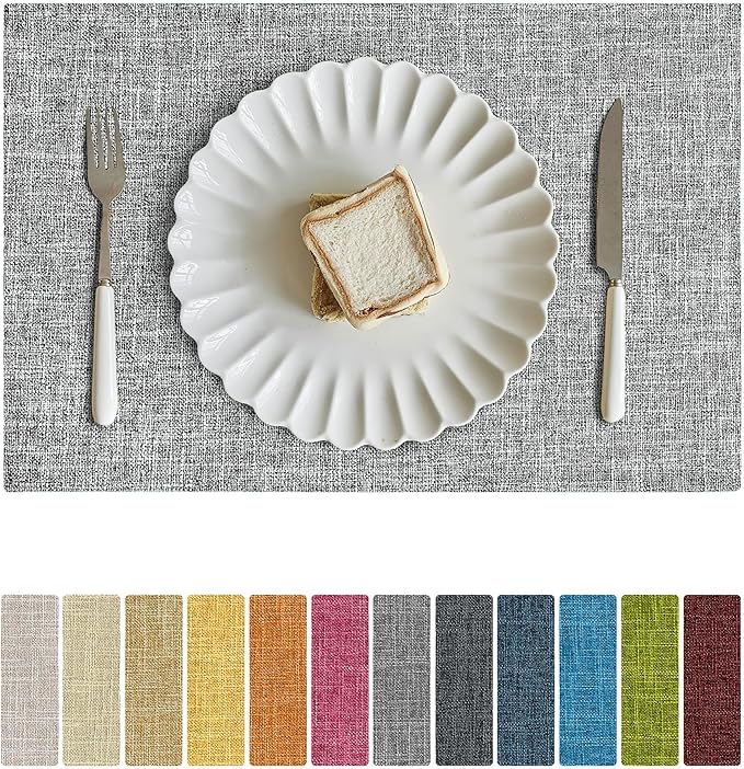 Softalker Faux Linen Placemats Set of 6-12 x 18 Inch, Heat Resistant Double Layered Durable Burlap Farmhouse Place Mats, Non-Slip Washable Rustic Table Mats for Dining, Kitchen, Party(Ash Grey
