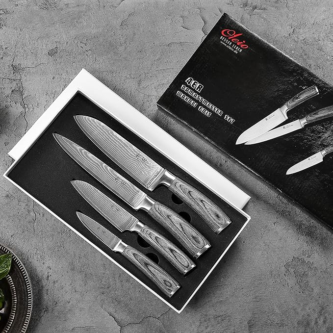Wakoli EDIS Damascus 4-Piece Knife Set – Japanese Style Kitchen Knives | Genuine Damascus Steel Blades with VG10 Core | Ergonomic Pakkawood Handles | Professional Chef Knife Set in Wooden Gift Box