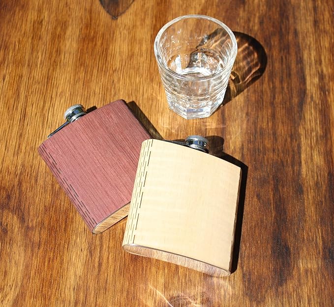 WUDN 6 oz. Wooden Hip Flask - Stainless Steel Body, Real Shimmering Maple