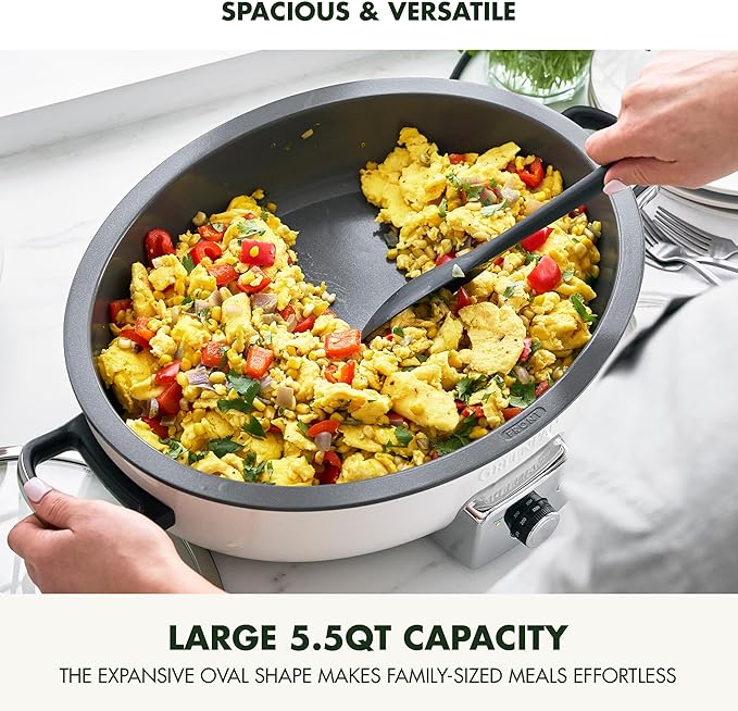 GreenPan Elite 5.5QT Electric Oval Skillet, PFAS-Free Ceramic Nonstick, 1800 Watt, Dishwasher Safe Lid & Removable Crock, Adjustable Temp Control Multi-Cooker, Sear, Sauté, Rice, Stir-Fry, Cream White