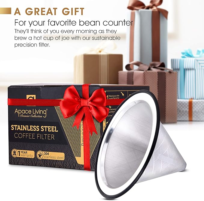 Compatible with Hario V60, Chemex Pour Over Coffee Filter - Wide Metal Base Reusable Stainless Steel Coffee Dripper - Paperless Coffee Filter for Sustainable Brewing