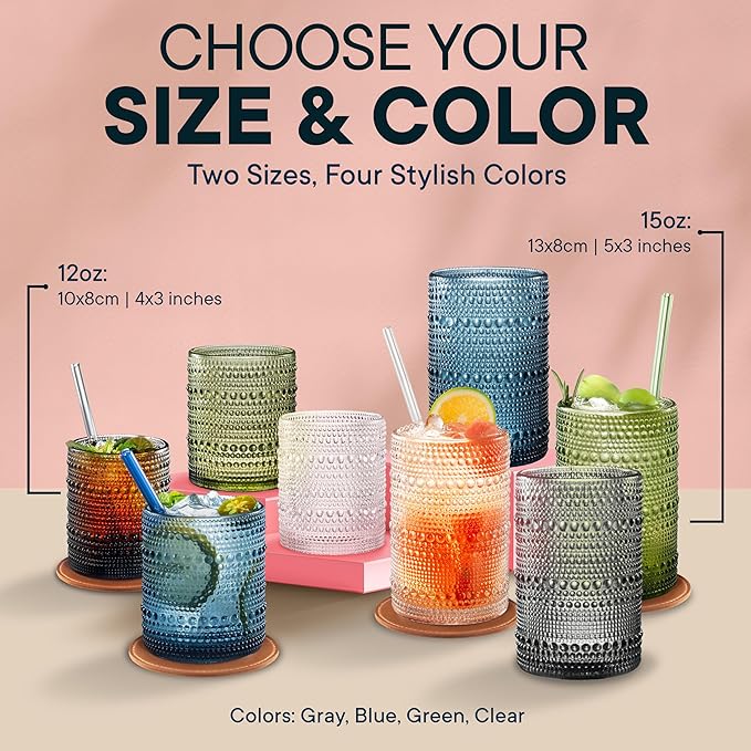 12 OZ Hobnail Drinking Set of 12 – Vintage Embossed Glassware, Textured Tumblers for Water, Beer, Cocktails, Mocktails, Whiskey & More – Includes Straws and Coasters – Green