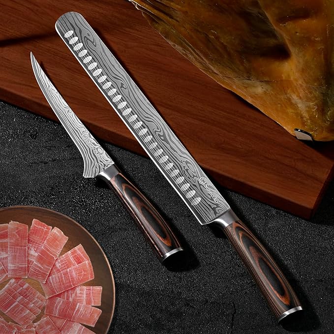 Sunnecko Professional BBQ Carving Knife Set, Slicing and Boning Knife for Meat Cutting,German High Carbon Stainless Steel Carving Knife for Meat and Turkey.