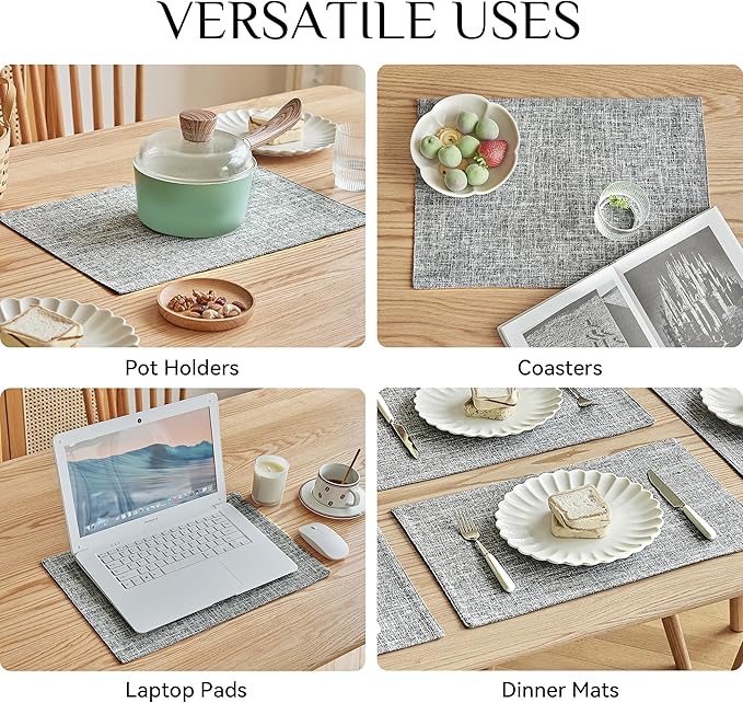 Softalker Faux Linen Placemats Set of 6-12 x 18 Inch, Heat Resistant Double Layered Durable Burlap Farmhouse Place Mats, Non-Slip Washable Rustic Table Mats for Dining, Kitchen, Party(Ash Grey