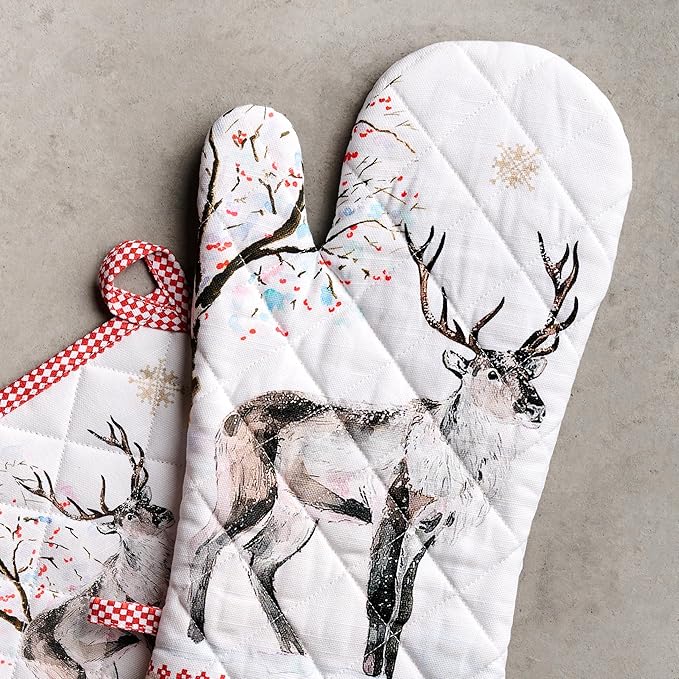 Maison d' Hermine 100% Cotton Oven Mitt & Pot Holder Set (7.5"x13" & 8"x8") Heat Resistant BBQ Cooking Gloves with Loop, Baking, Grilling, Kitchen, Handling Hot Pans (Rural Christmas)