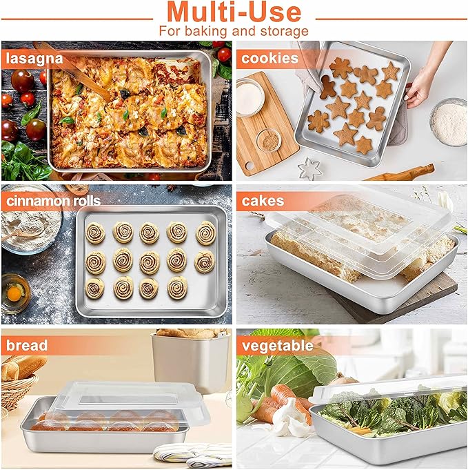 Herogo Rectangle Cake Pan Set of 2, 9 X 12 Inch Stainless Steel Baking Pan for Oven, Lasagna Brownies Casseroles Cakes Bakeware, Dishwasher Safe
