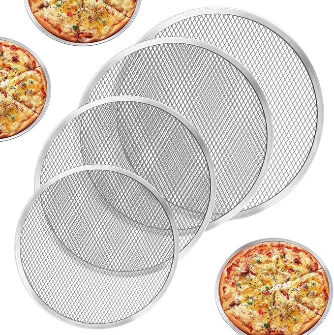 4 Pcs Pizza Screen, Non-Stick Aluminum Alloy Pizza Pan with Holes, Seamless Pizza Mesh Baking Tray for Indoor and Outdoor Baking (9Inch+10Inch+12Inch+13Inch)