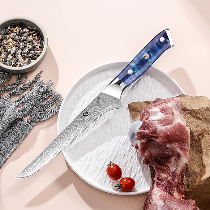 WILDMOK Damascus Boning Knife, 7 inch Super Sharp Fillet Knife, Japanese Damascus Steel, Full Tang Resin Handle, Includes Gift Box