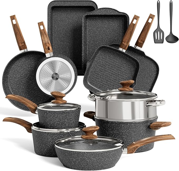 MAISON ARTS 17 Piece Pots and Pans Set Non Stick, Kitchen Cookware Sets with Nonstick Granite Stone Coating, Suitable for Induction Cooktops, Black
