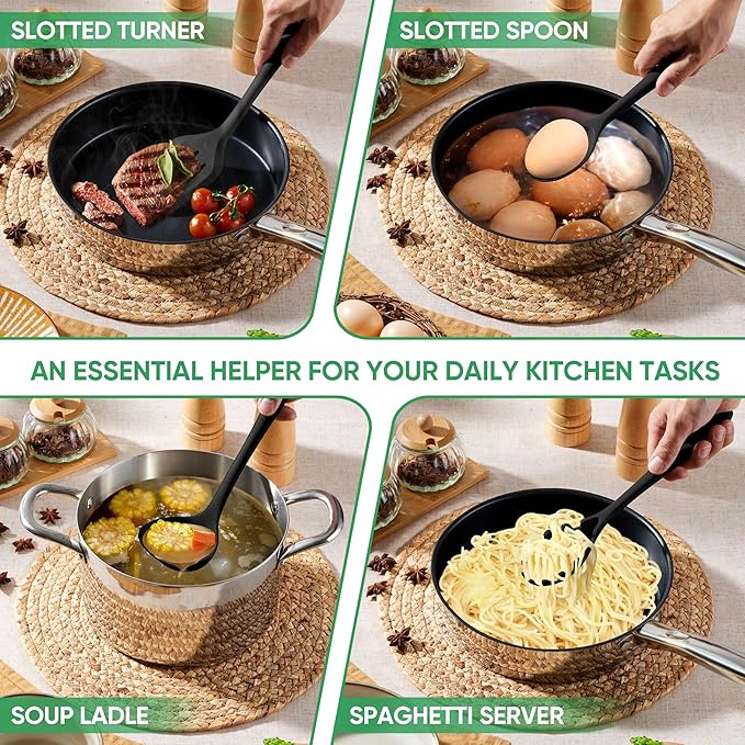 Herogo Silicone Cooking Utensils Set, 7-Piece Kitchen Utensils Set, Heat Resistant Cooking Gadget Tools Slotted Turner, Spoon, Soup Ladle, Pasta Server, Spatula, Tongs for Nonstick Cookware, Black