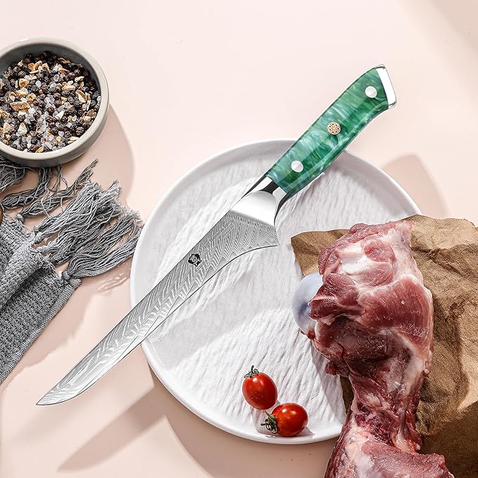 WILDMOK 7 inch Damascus Fillet Knife, Japanese Damascus Steel Boning, Carving, Deboning, Full Tang Resin Handle, Gift Box