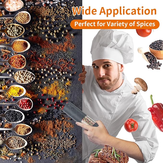 2Pack Electric Salt and Pepper Grinder Set USB Rechargeable with Warm LED Light, Adjustable Coarseness Lidaop Large Capacity Automatic Salt Pepper Mill Grinder for Kitchen, Restaurant, Outdoor (Grey)