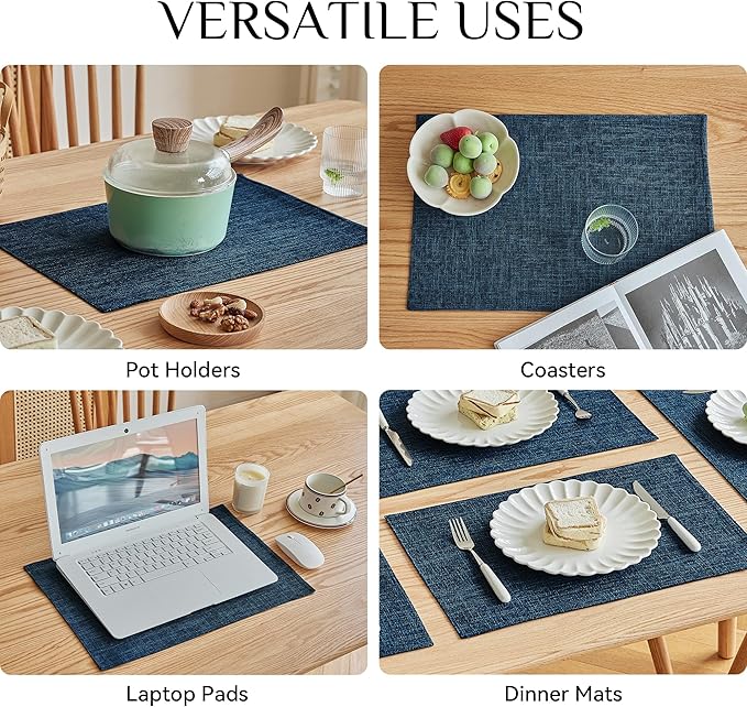 Softalker Faux Linen Placemats Set of 8-12 x 18 Inch, Heat Resistant Double Layered Durable Burlap Farmhouse Place Mats, Non-Slip Washable Rustic Table Mats for Dining, Kitchen, Party(Navy Blue