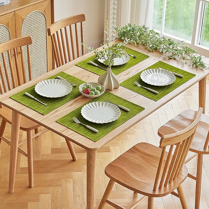 Softalker Faux Linen Placemats Set of 8-12 x 18 Inch, Heat Resistant Double Layered Durable Burlap Farmhouse Place Mats, Non-Slip Washable Rustic Table Mats for Dining, Kitchen, Party(Lime Green