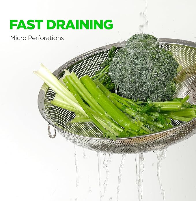 Premium 18/8 304 Stainless Steel Large Colander Set of 3, Comfortable Micro-Perforated Shallow Strainers, 5.5-7-10 Quart Tray Set, Self-Draining Solid Base for Pasta, Fruits, Vegetables