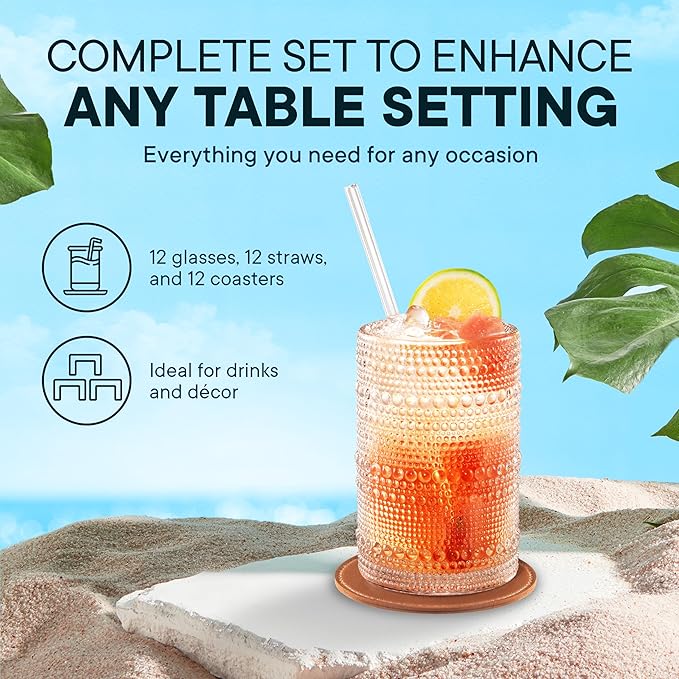 15 OZ Hobnail Drinking Set of 12 – Vintage Embossed Glassware, Textured Tumblers for Water, Beer, Cocktails, Mocktails, Whiskey & More – Includes Straws and Coasters – Clear