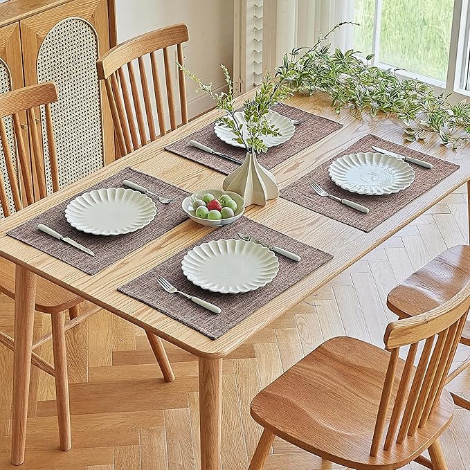 Softalker Faux Linen Placemats Set of 8-12 x 18 Inch, Heat Resistant Double Layered Durable Burlap Farmhouse Place Mats, Non-Slip Washable Rustic Table Mats for Dining, Kitchen, Party,Natural Linen