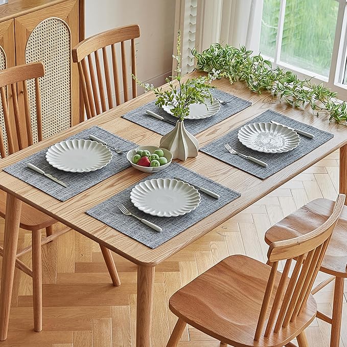 Softalker Faux Linen Placemats Set of 12-12 x 18 Inch, Heat Resistant Double Layered Durable Burlap Farmhouse Place Mats, Non-Slip Washable Rustic Table Mats for Dining, Kitchen, Party(Light Grey
