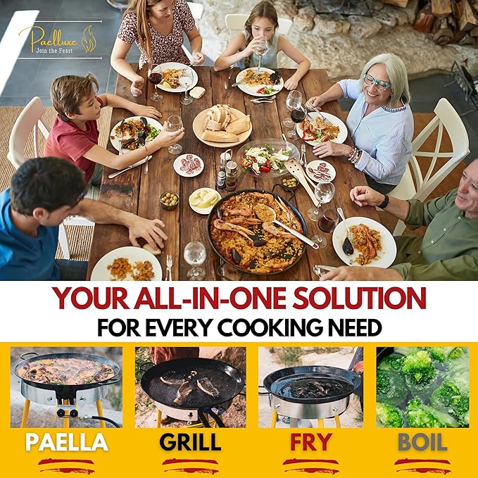 Paella Burner and Stand Set 16 Servings, 22 Inch Paella Pan, Dual Propane Outdoor Stove with Stand & Regulator, Portable Gas Cooker for Camping Crawfish Boil Cooking Outdoor, Paellera Propano