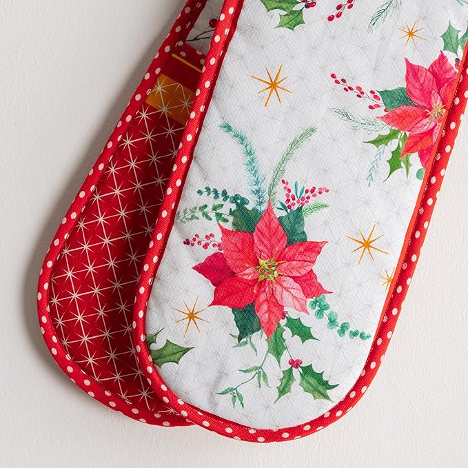 Maison d' Hermine Double Oven Mitts 100% Cotton 7"x35" Double Oven Mitt Heat Resistant BBQ Cooking Gloves with Loop, Baking, Grilling, Home, Kitchen, Handling Hot Pans (Poinsettia Christmas)