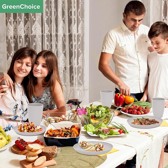 Wheat Straw Dinnerware Sets for 4 - GreenChoice Lightweight & Unbreakable Dishes Microwave & Dishwasher Safe Perfect for Camping, Picnic, RV, Dorm Plates, Cups and Bowls (Gray)