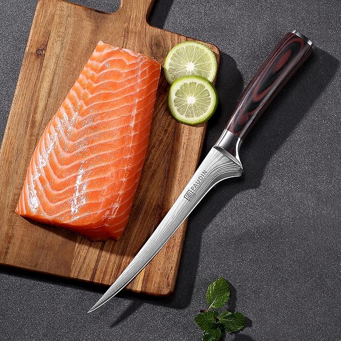 PAUDIN Fillet Knife 7 Inch, Professional Filet Knife for Fish with Sheath, Razor Sharp Boning Knives for Meat Cutting with Ergonomic Pakkawood Handle, Gift Box