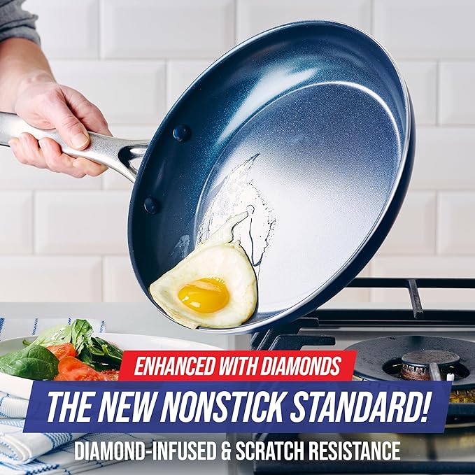 Blue Diamond 12" Nonstick Frying Pan Skillet, Diamond Infused PFAS & PTFE-Free Ceramic Pot, Dishwasher & Oven Safe, Stay Cool Handle, Durable Non Toxic Metal Utensil Safe, Egg & Omelet Pan, Blue