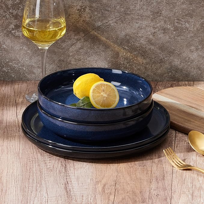 E-far Pasta Bowls Set of 4, 35oz Ceramic Large Salad Plate Bowls for Kitchen, Wide and Shallow Design for Serving Soup Pasta, Double Reactive Glaze, Dishwasher & Microwave Safe, Deep Sea Blue