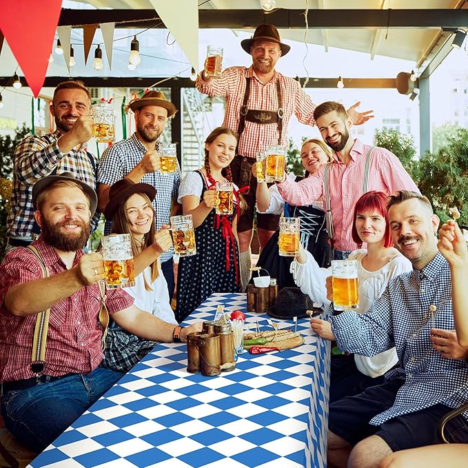 100 Ft x 54 Inch Oktoberfest Plastic Tablecloth Roll with Slide Cutter Box Disposable Bavarian Blue & White Argyle Design, Waterproof Blue Diamond Table Cover for Festivals Events Party Decor