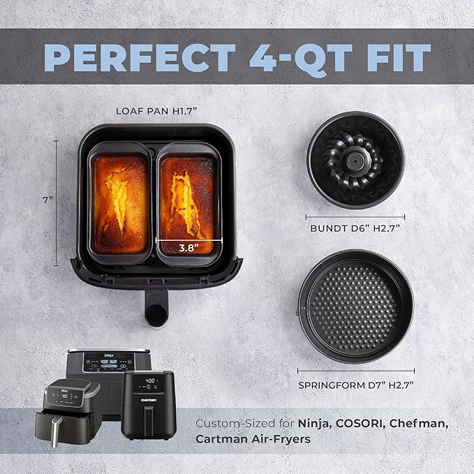 CARTMAN 4-Piece Air Fryer Bakeware Set, Non-Stick Carbon Steel Mini Springform, Bundt Cake Pan, 2 Loaf Pans, Fits Ninja, Chefman, Cosori, Instant Pot, Non-Toxic with Online Recipe Guide