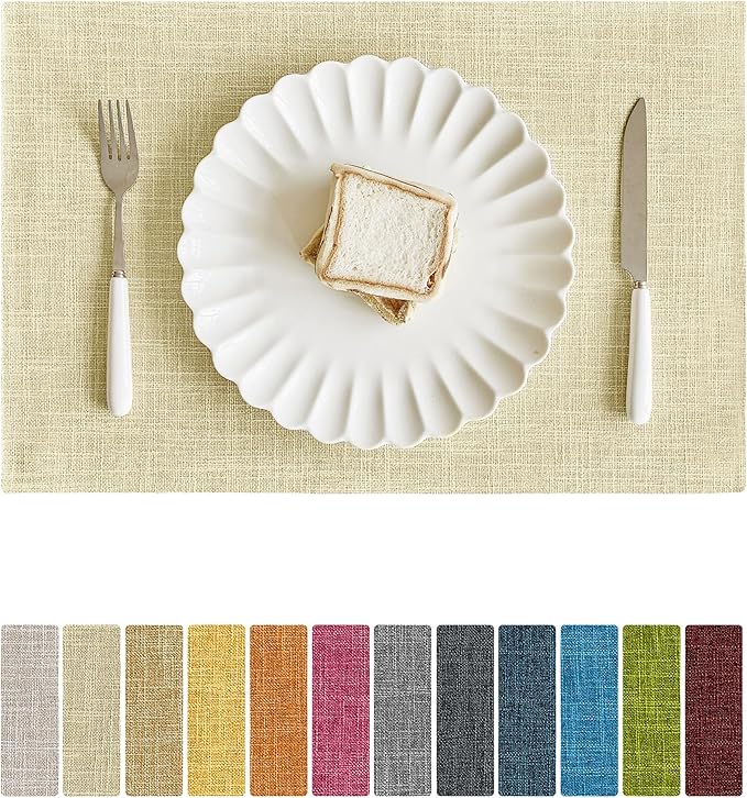 Softalker Faux Linen Placemats Set of 4-12 x 18 Inch, Heat Resistant Double Layered Durable Burlap Farmhouse Place Mats, Non-Slip Washable Rustic Table Mats for Dining, Kitchen, Party(Light Linen