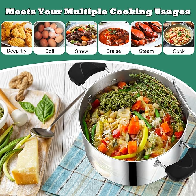 6 Quart 3-Ply Cooking Stock Pot with Lid, P&P CHEF Stainless Steel Large Pot for Pasta Soup, Work on Multi Stove, Heavy Duty & Dishwasher Safe, Dual Heat-resistant Handles & Visible Lid